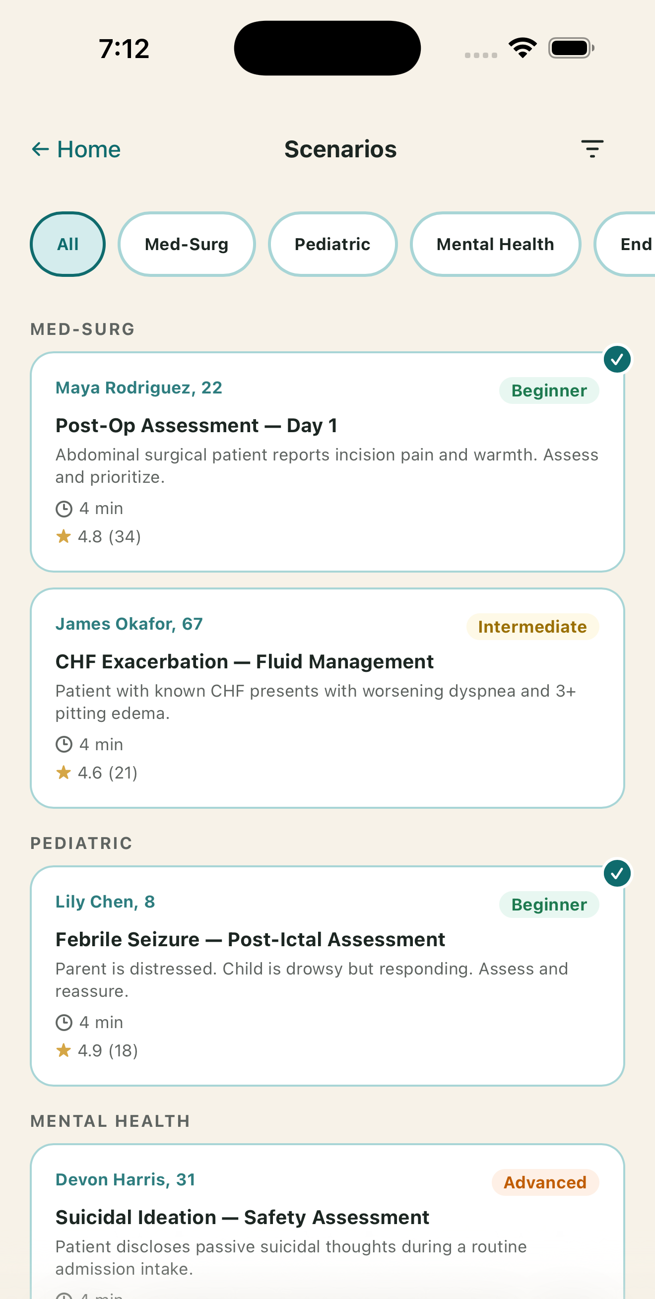 Scenario library screen with practice scenarios listed by domain and difficulty